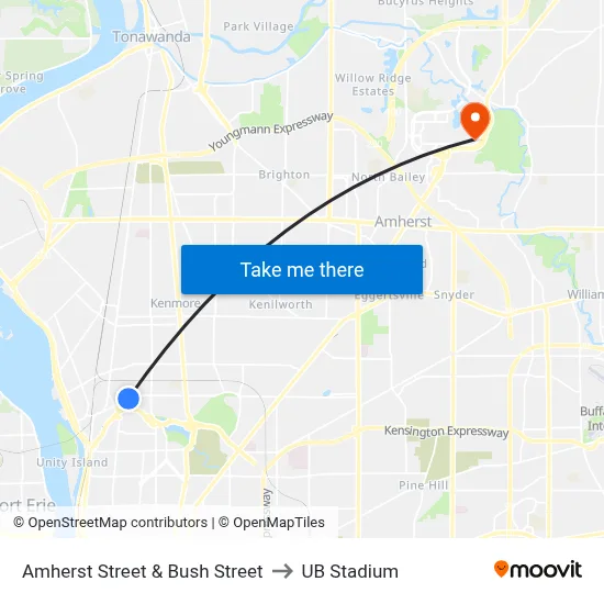 Amherst Street & Bush Street to UB Stadium map