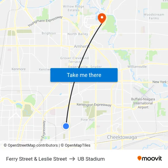 Ferry Street & Leslie Street to UB Stadium map