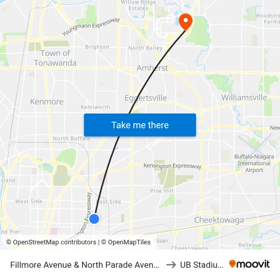 Fillmore Avenue & North Parade Avenue to UB Stadium map