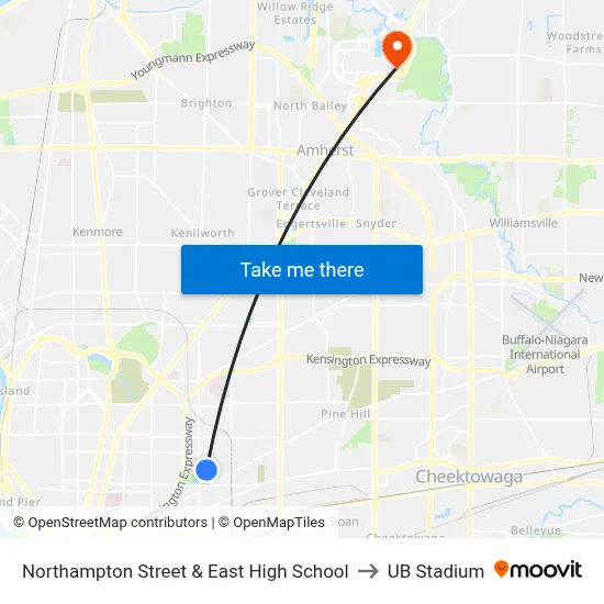 Northampton Street & East High School to UB Stadium map