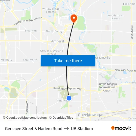 Genesee Street & Harlem Road to UB Stadium map