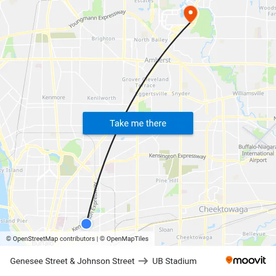 Genesee Street & Johnson Street to UB Stadium map