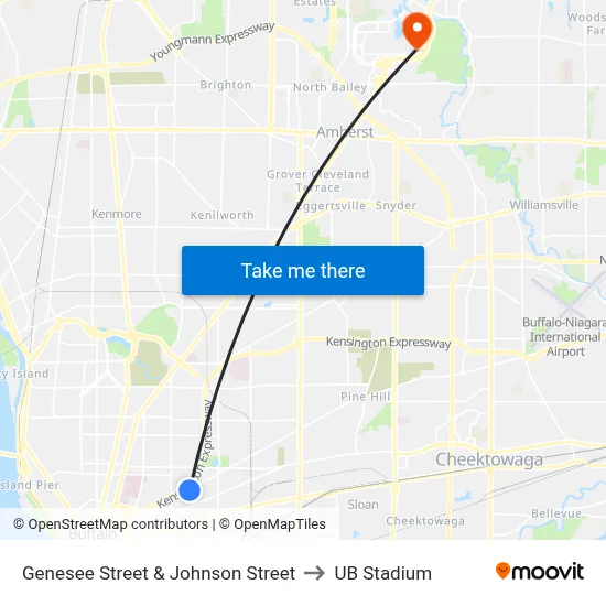 Genesee Street & Johnson Street to UB Stadium map