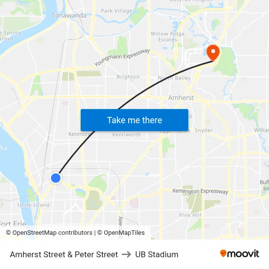 Amherst Street & Peter Street to UB Stadium map