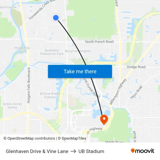Glenhaven Drive & Vine Lane to UB Stadium map