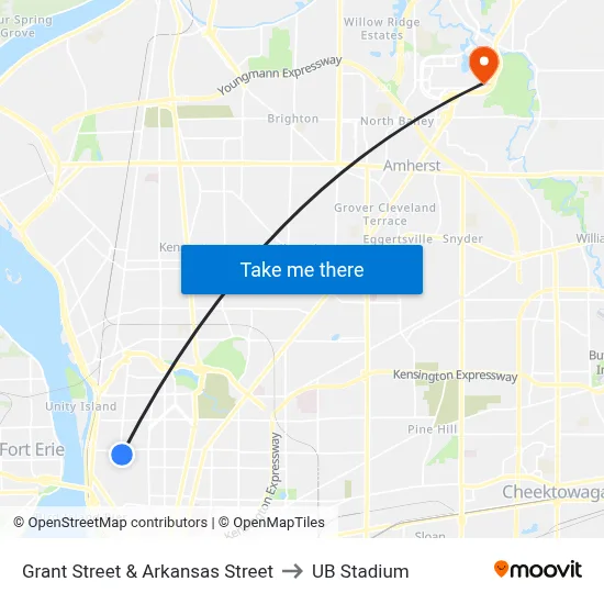 Grant Street & Arkansas Street to UB Stadium map