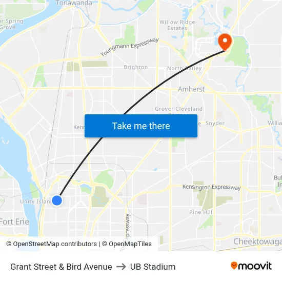 Grant Street & Bird Avenue to UB Stadium map