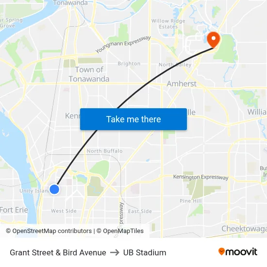 Grant Street & Bird Avenue to UB Stadium map