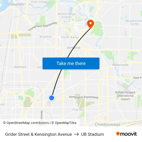 Grider Street & Kensington Avenue to UB Stadium map