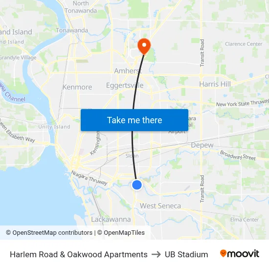 Harlem Road & Oakwood Apartments to UB Stadium map