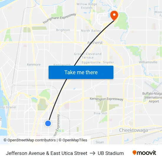 Jefferson Avenue & East Utica Street to UB Stadium map