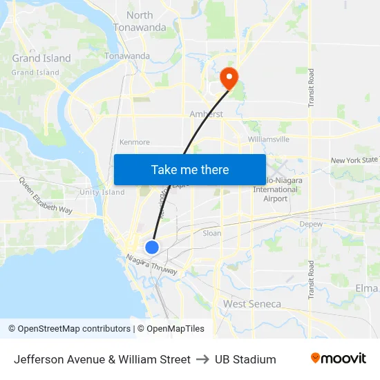 Jefferson Avenue & William Street to UB Stadium map