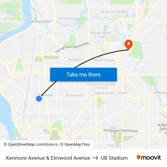 Kenmore Avenue & Elmwood Avenue to UB Stadium map