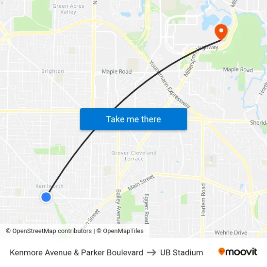 Kenmore Avenue & Parker Boulevard to UB Stadium map