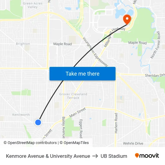 Kenmore Avenue & University Avenue to UB Stadium map