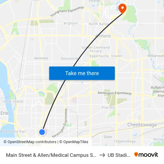 Main Street & Allen/Medical Campus Station to UB Stadium map