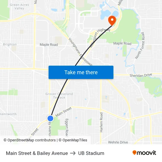 Main Street & Bailey Avenue to UB Stadium map