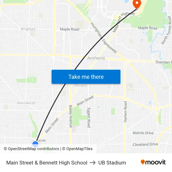 Main Street & Bennett High School to UB Stadium map