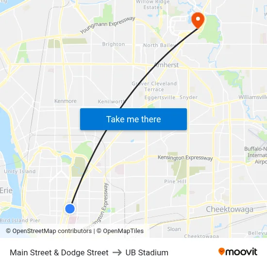 Main Street & Dodge Street to UB Stadium map