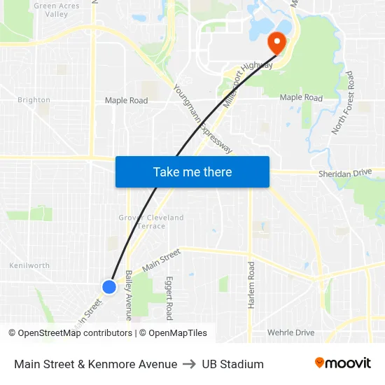 Main Street & Kenmore Avenue to UB Stadium map