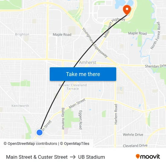 Main Street & Custer Street to UB Stadium map
