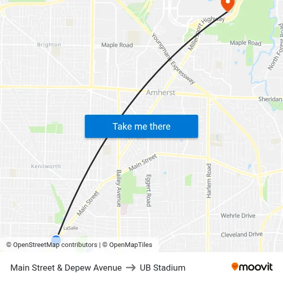 Main Street & Depew Avenue to UB Stadium map