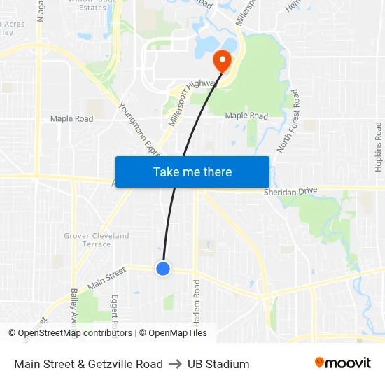 Main Street & Getzville Road to UB Stadium map