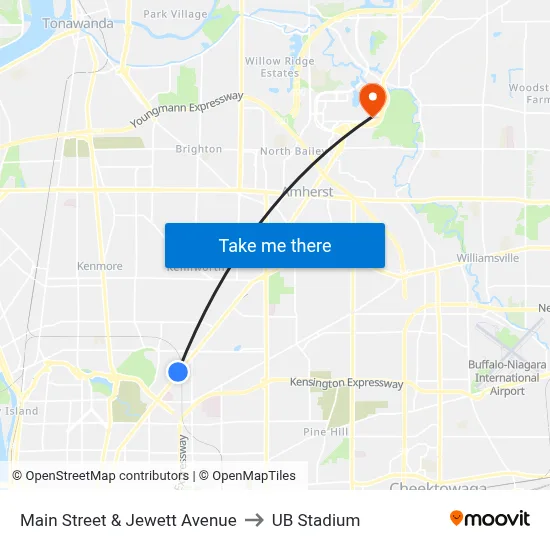 Main Street & Jewett Avenue to UB Stadium map