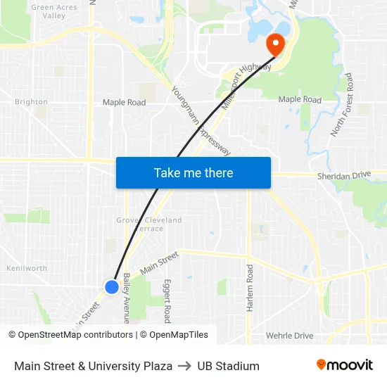 Main Street & University Plaza to UB Stadium map