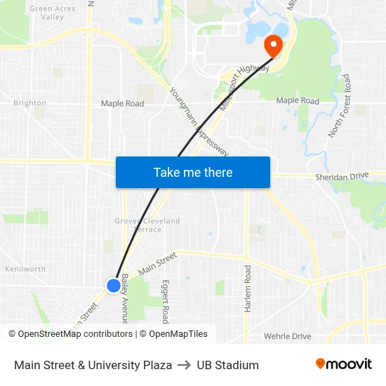 Main Street & University Plaza to UB Stadium map