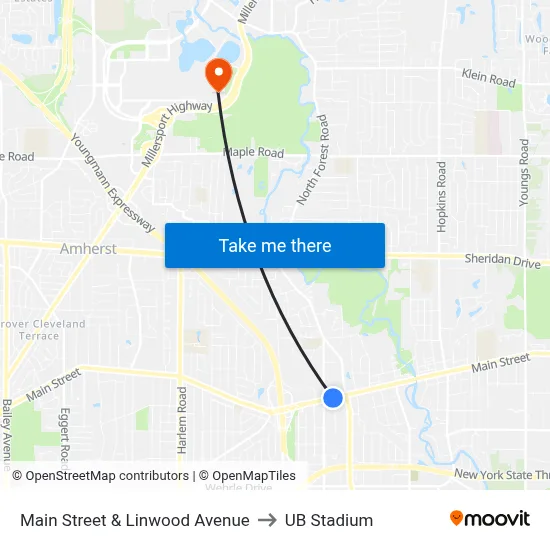 Main Street & Linwood Avenue to UB Stadium map