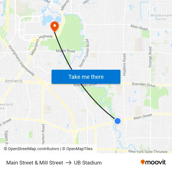 Main Street & Mill Street to UB Stadium map