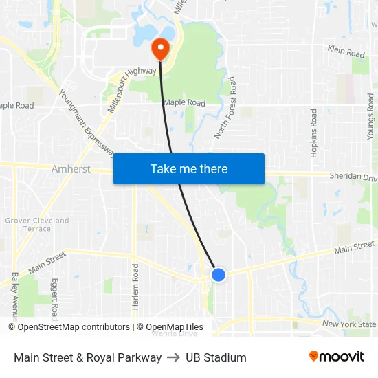 Main Street & Royal Parkway to UB Stadium map