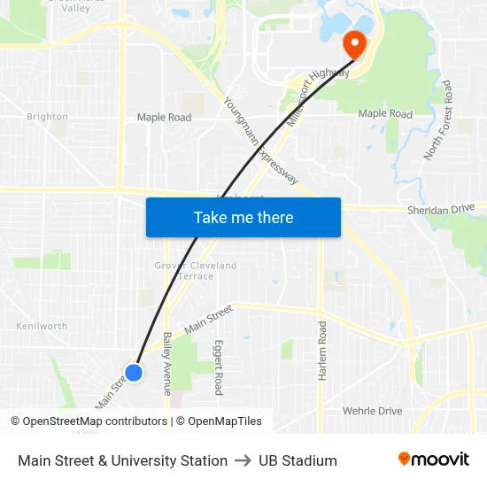 Main Street & University Station to UB Stadium map