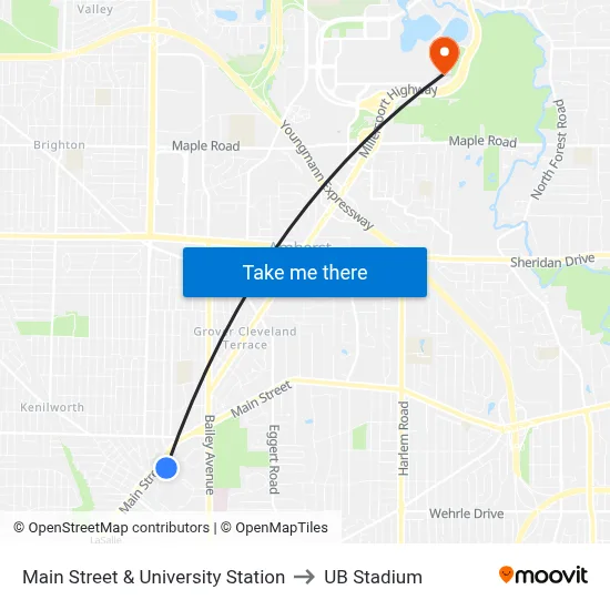 Main Street & University Station to UB Stadium map