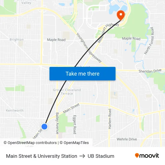 Main Street & University Station to UB Stadium map