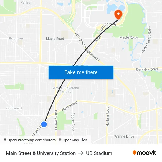 Main Street & University Station to UB Stadium map