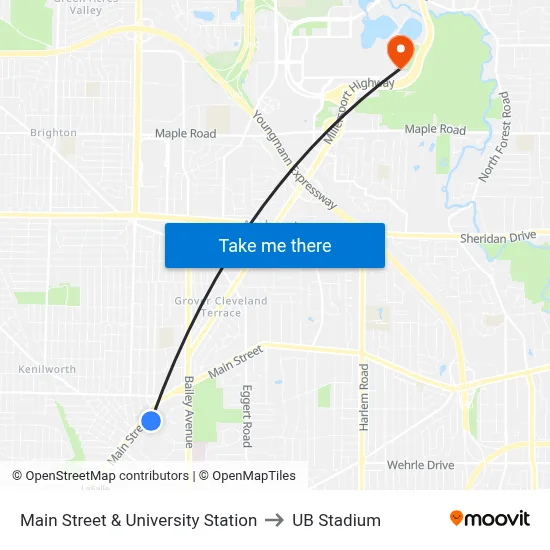 Main Street & University Station to UB Stadium map