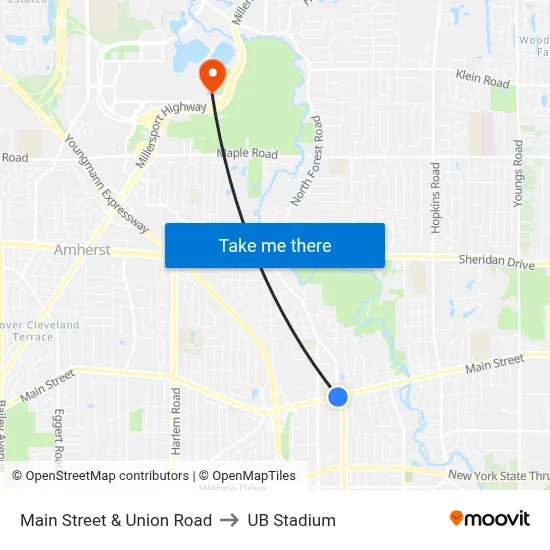 Main Street & Union Road to UB Stadium map
