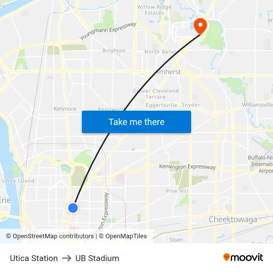 Utica Station to UB Stadium map