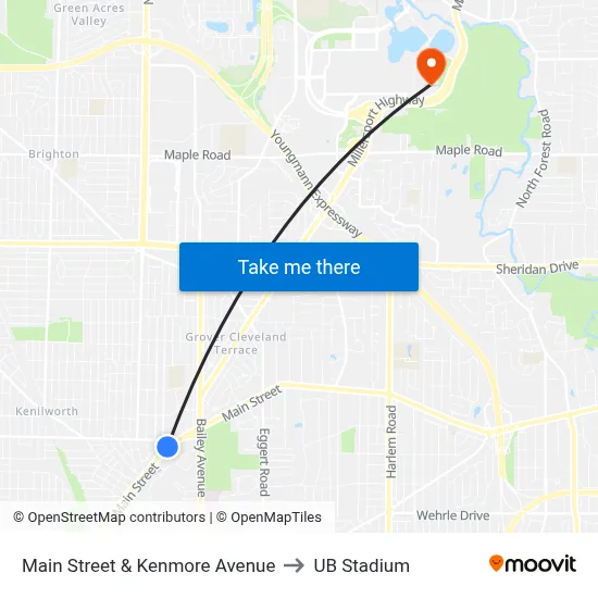Main Street & Kenmore Avenue to UB Stadium map