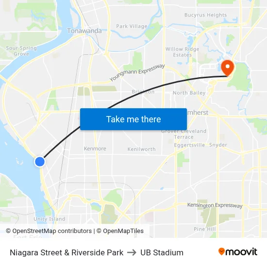 Niagara Street & Riverside Park to UB Stadium map