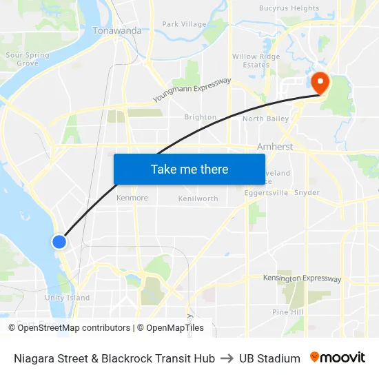 Niagara Street & Blackrock Transit Hub to UB Stadium map