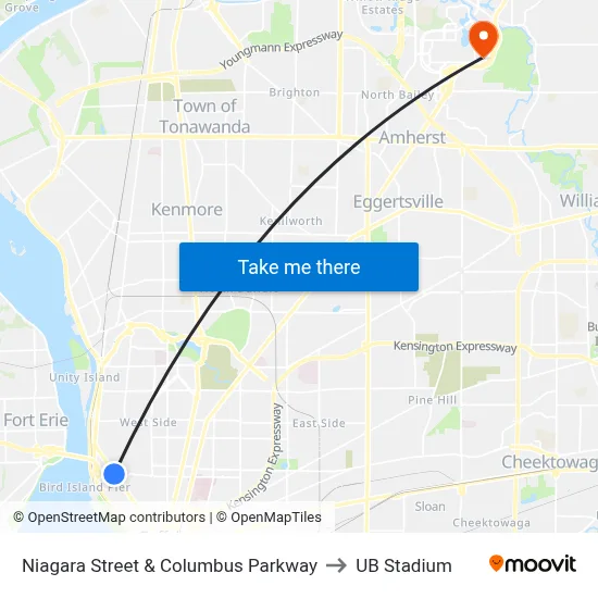 Niagara Street & Columbus Parkway to UB Stadium map