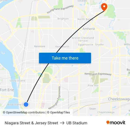 Niagara Street & Jersey Street to UB Stadium map