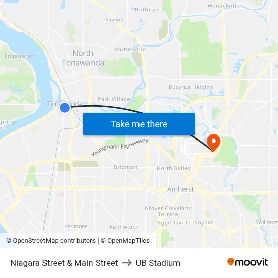 Niagara Street & Main Street to UB Stadium map