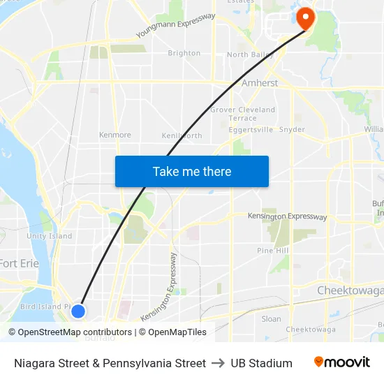 Niagara Street & Pennsylvania Street to UB Stadium map