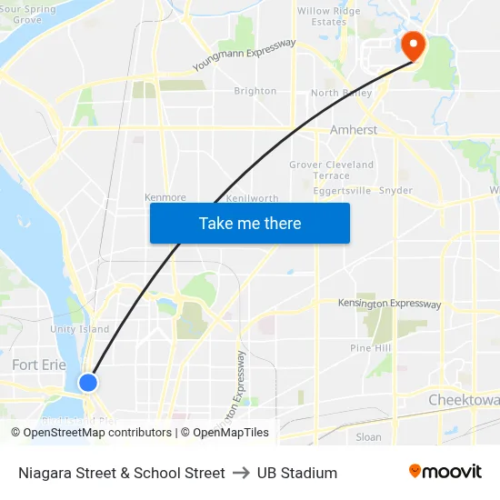 Niagara Street & School Street to UB Stadium map