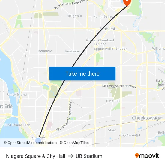 Niagara Square & City Hall to UB Stadium map