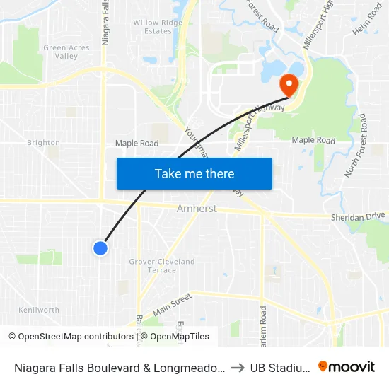 Niagara Falls Boulevard & Longmeadow to UB Stadium map